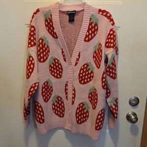 Hot Topic Pink Cardigan Sweater with Red Strawberry Motif